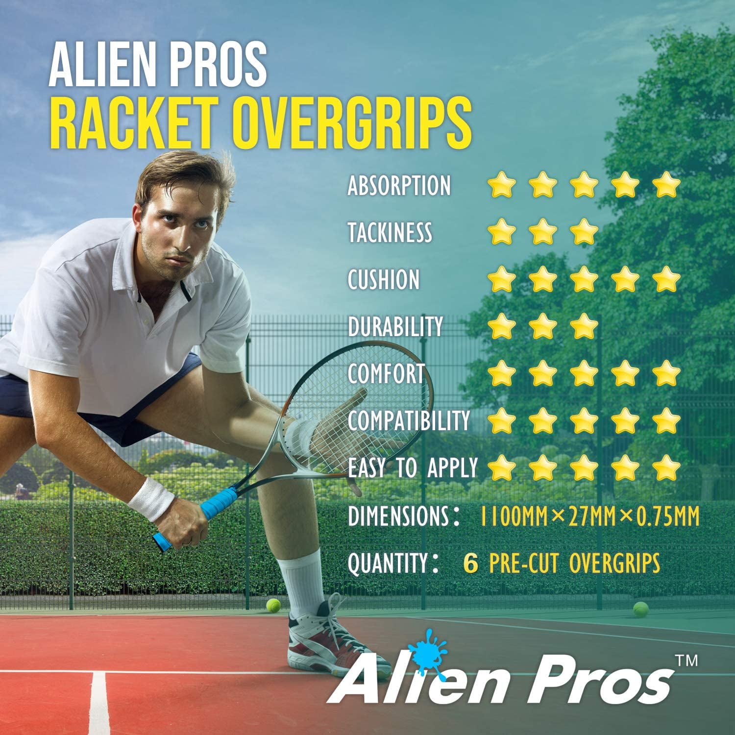 ALIEN PROS Tennis Racket Grip Tape Blue - Precut and Dry Feel