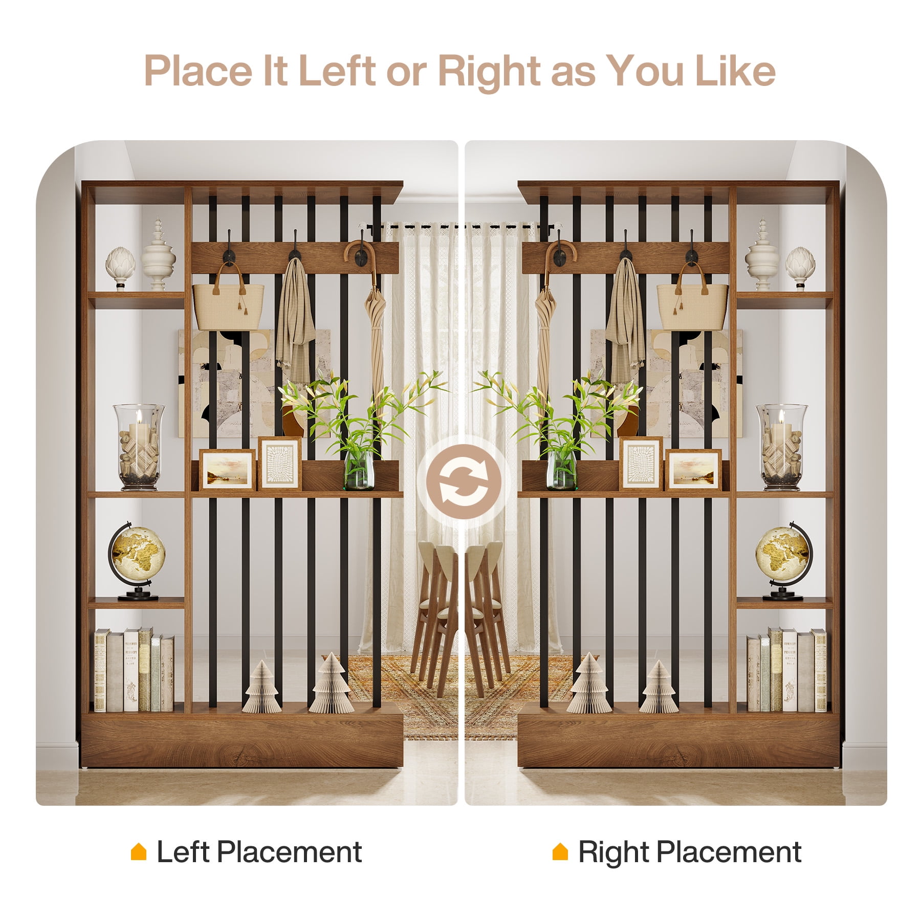 Finmind 71-inch Wall Room Divider, Freestanding Wood Room Divider Bookcase with Shelves & Coat Hooks, Industrial Wall Partition for Living Room, Brown