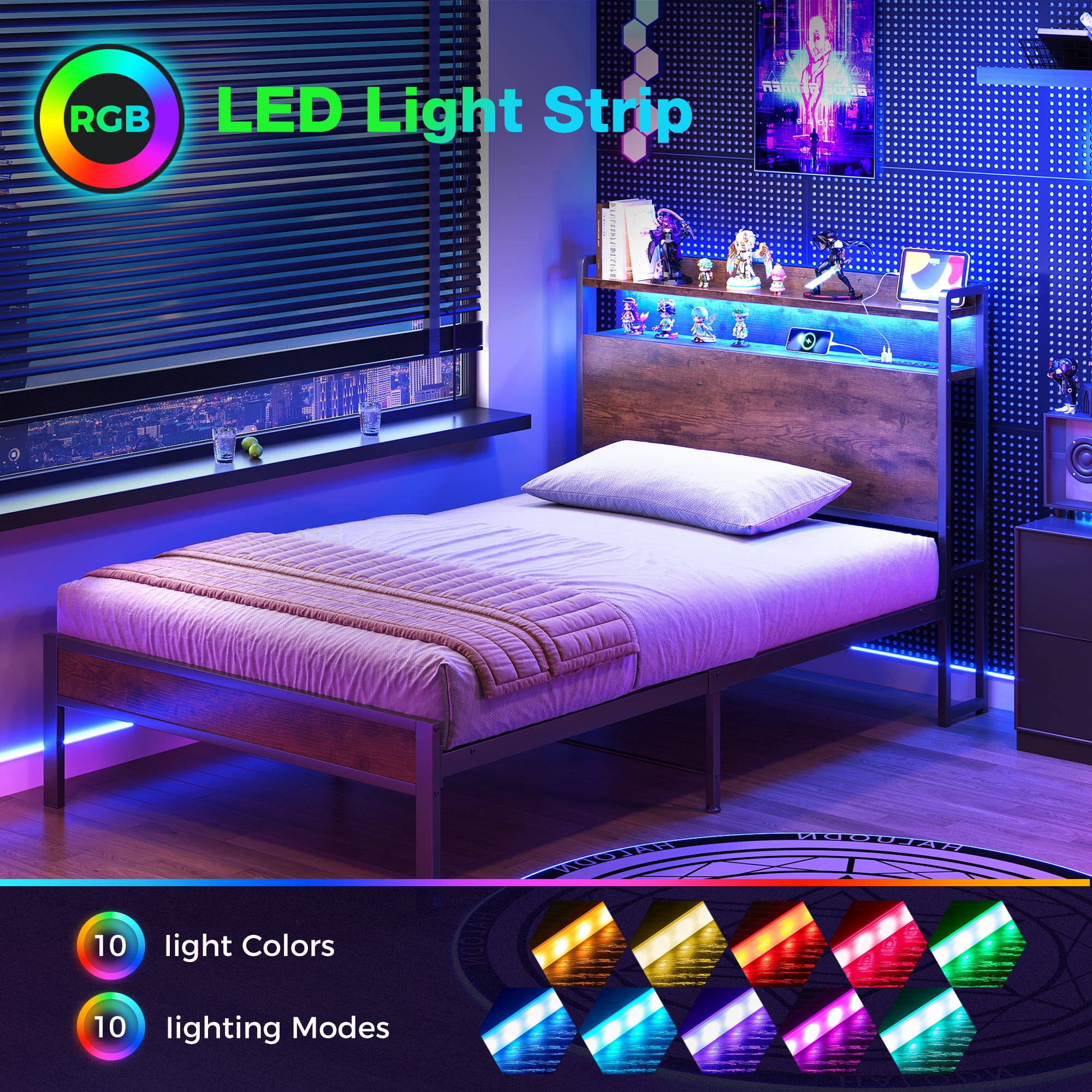 Casacomoda Twin Bed Frames, Storage Headboard with Charging Station, RGB Light Strips, Solid and Stable, Noise Free, No Box Spring Needed, Easy Assembly, Rustic Brown