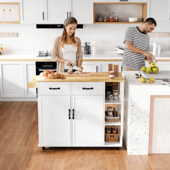 Ataucjin Kitchen Island with Wood Top and Drop Leaf Breakfast Bar Mobile Cart with 2 Door Cabinet,2 Storage Drawers,Spice Rack Towel Holder,Wine-Rack,Foldable Rubberwood Table Top,White