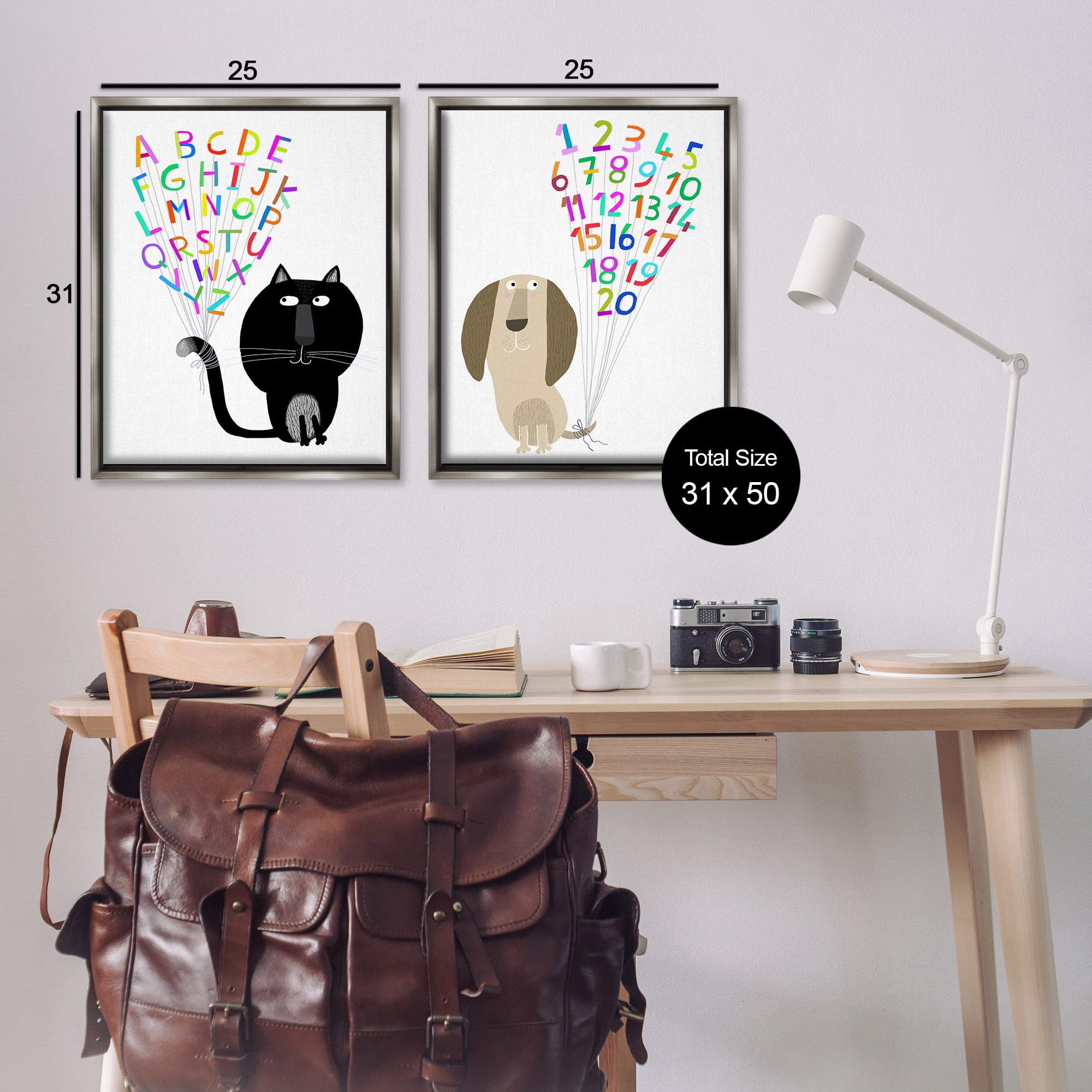 Stupell Industries Cat Dog Alphabet Numbers Education Painting Gray Floater Framed Canvas Art Print Wall Art, 31 x 25, Set of 2