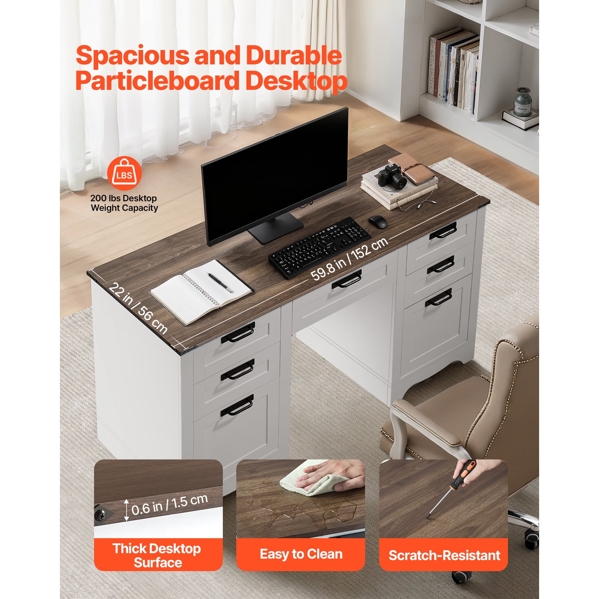 KFFKFF Executive Desk with Charging Station, Sturdy Office Table with Storage Drawers, 200 LBS Weight Capacity, Durable Particle Board Construction, Easy to Assemble, Ideal for Work, Study