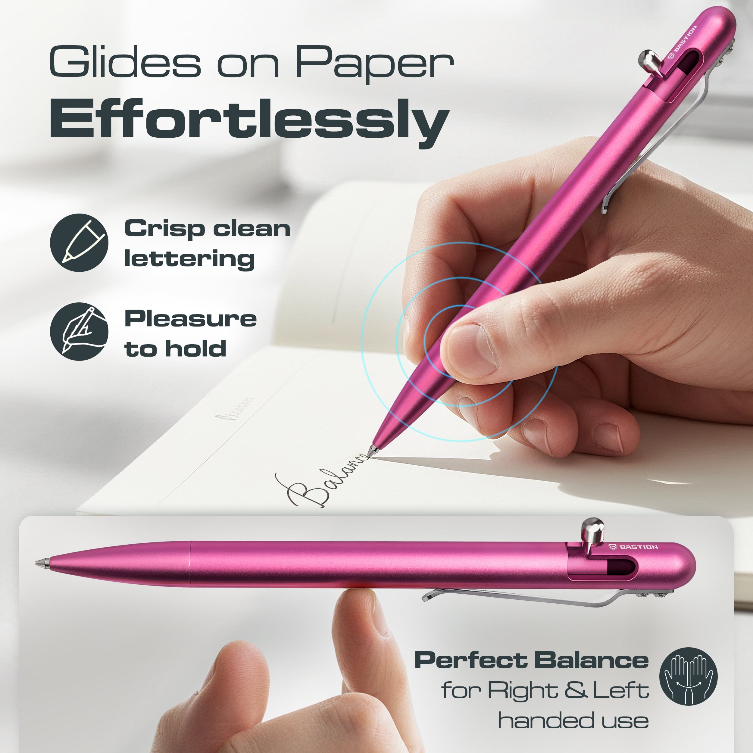 Bastion Aluminum Slim Bolt Action Pen, Pink, Ballpoint Refillable, 1 Count