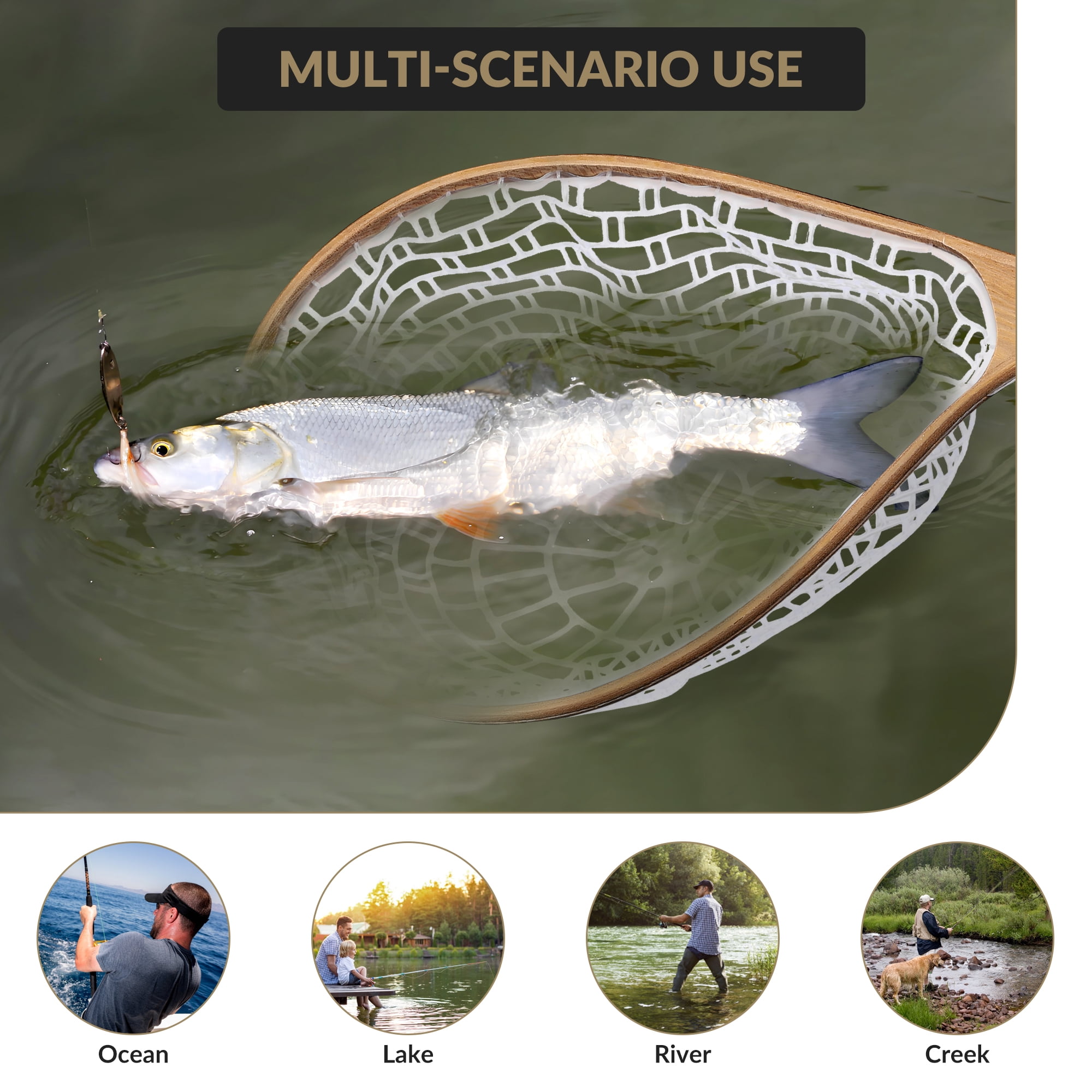 Fly Fishing Net Trout Net, Wooden Frame Landing Net with Soft Rubber Mesh for Catch and Release (Clear Small Holes)