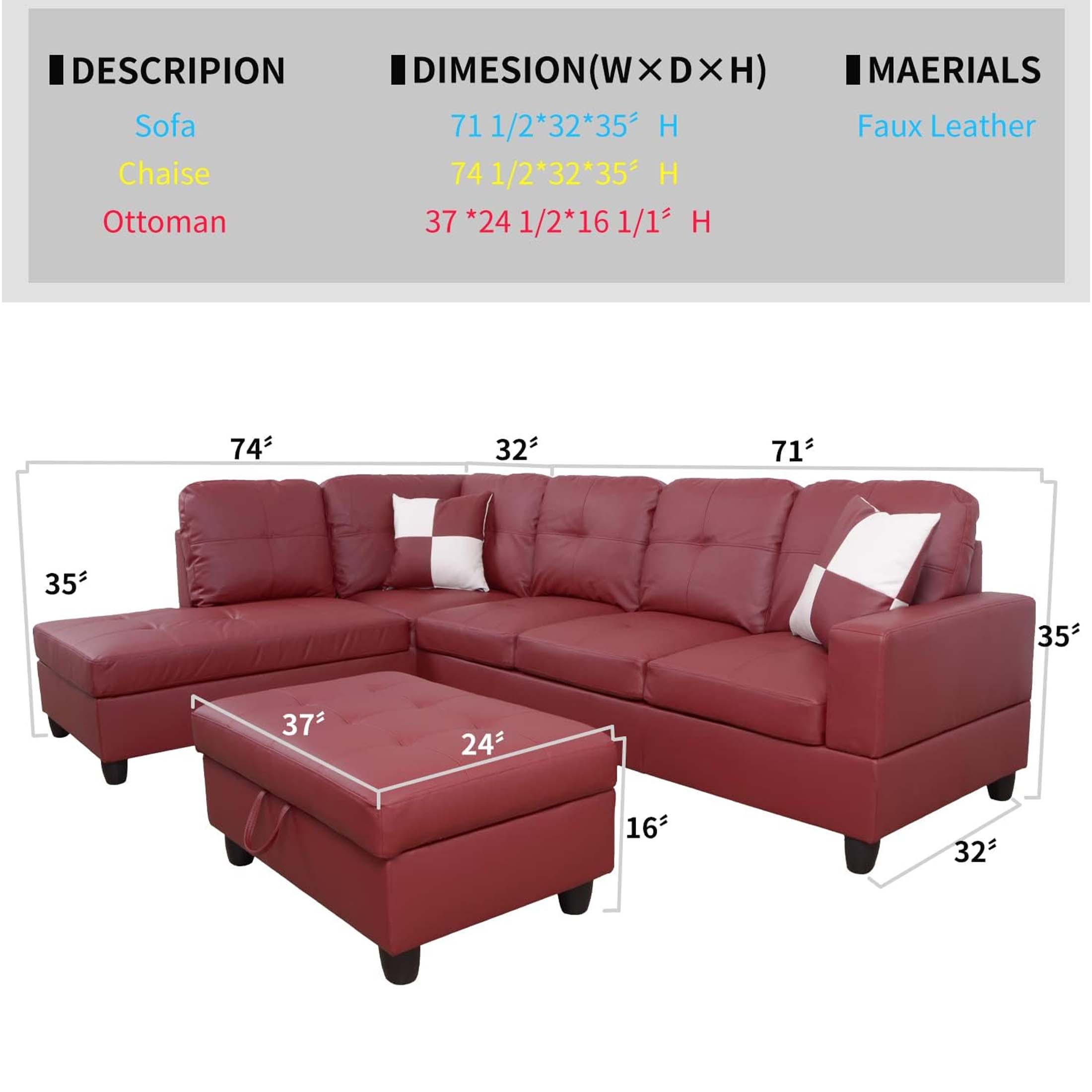 Momspeace Living Room Sectional Couch with Storage Ottoman, Modern PU Leather L-Shaped Sofa Couch Set - Red