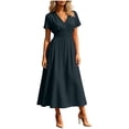 thumbnail image 6 of Nxznwn Women's Summer Short Sleeve Long Dresses Casual Wrap V-Neck Smocked Elastic Waist A-Line Flowy Party Dress, 6 of 9