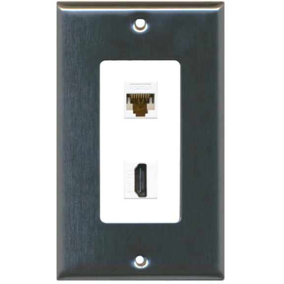 RiteAV - 1 x Cat6 Ethernet Female and 1 x HDMI Port Wall Plate Decorative - Stainless Steel/White