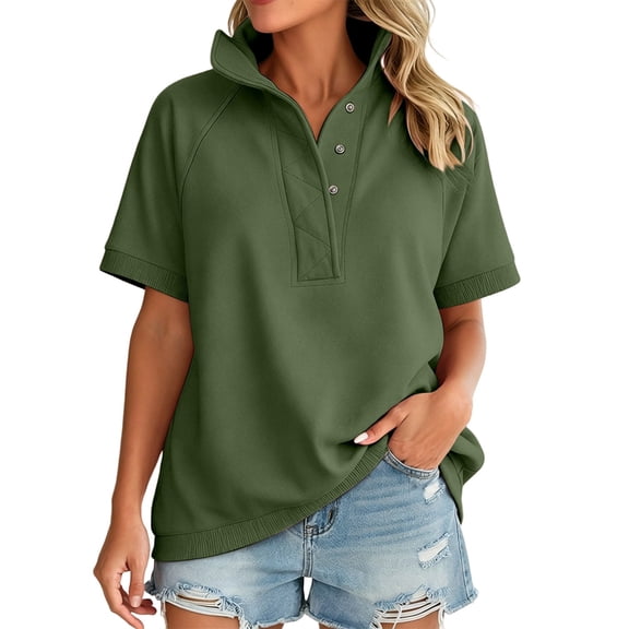 Likimi Womens Sweatshirt Button Down Short Sleeve Solid Color Stand Collar Sweatshirt For Women Everyday Wear Comfortable Pullover Tops Size L