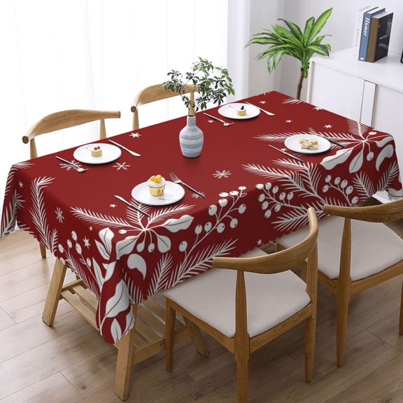 White Winter Foliage And Snowflakes Rectangle Tablecloth Waterproof Table Cloth Stain and Wrinkle Resistant Washable, Decorative Fabric Table Cover for Dining, Party and Camping