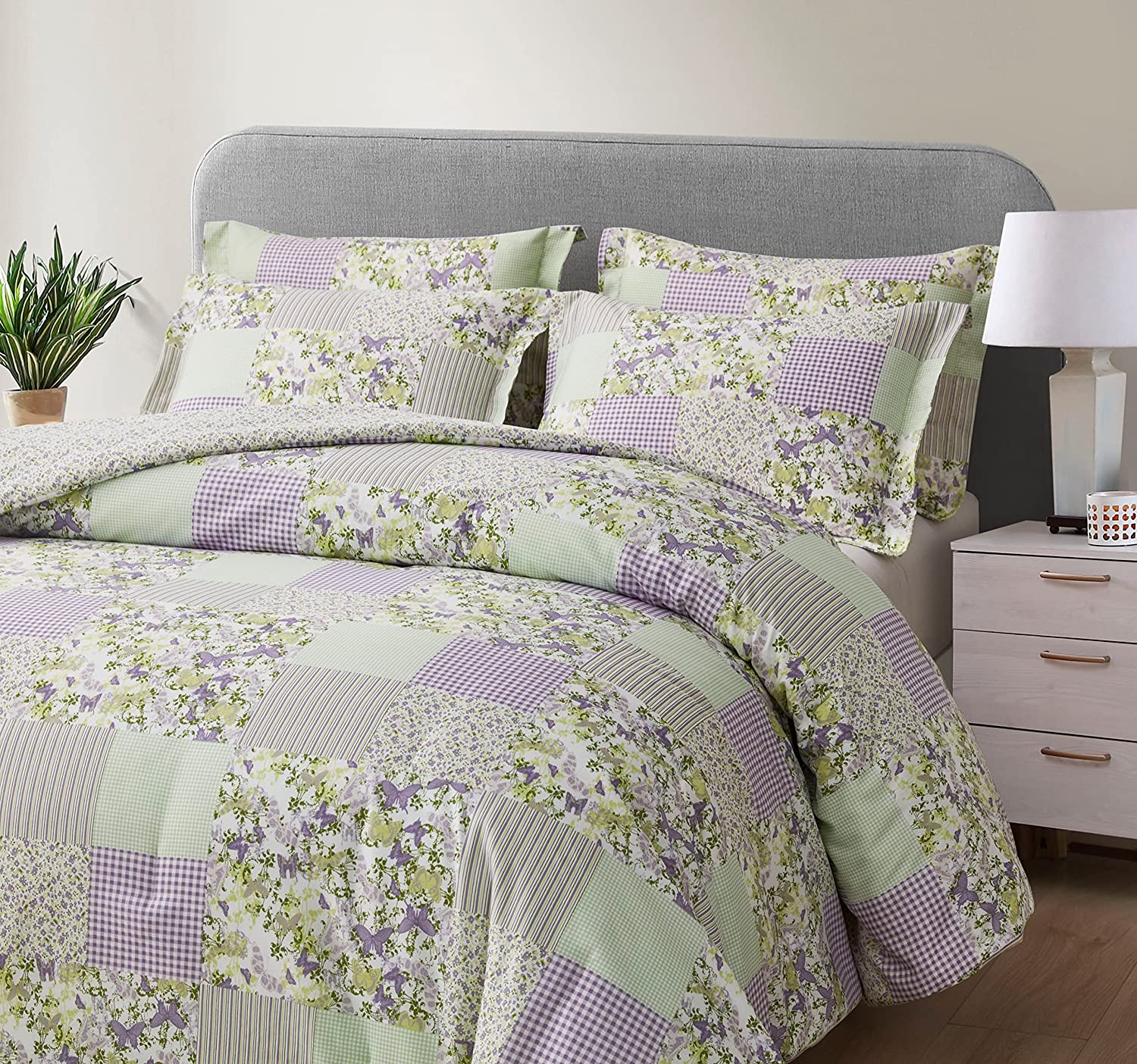 Chezmoi Collection Daisy 3-Piece Printed Patchwork Comforter Set, Purple Butterfly Botanical Candy Stripe Checkered Lightweight Reversible Microfiber Bedding, Twin Size
