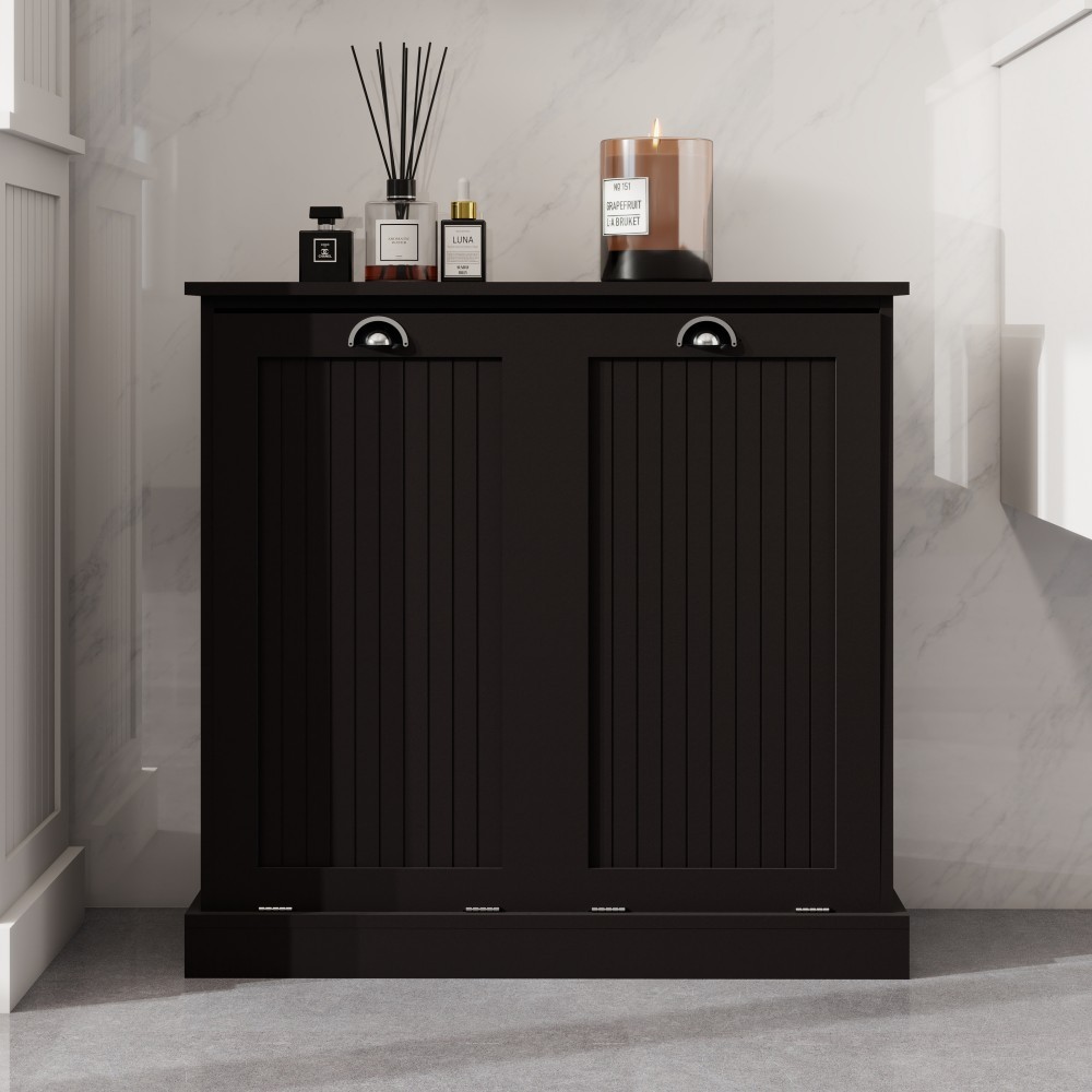 Laundry Hamper Cabinet, 2-Compartment Tilt-Out Laundry Sorter with Removable Cloth Bags, Freestanding Storage Cabinet, Black