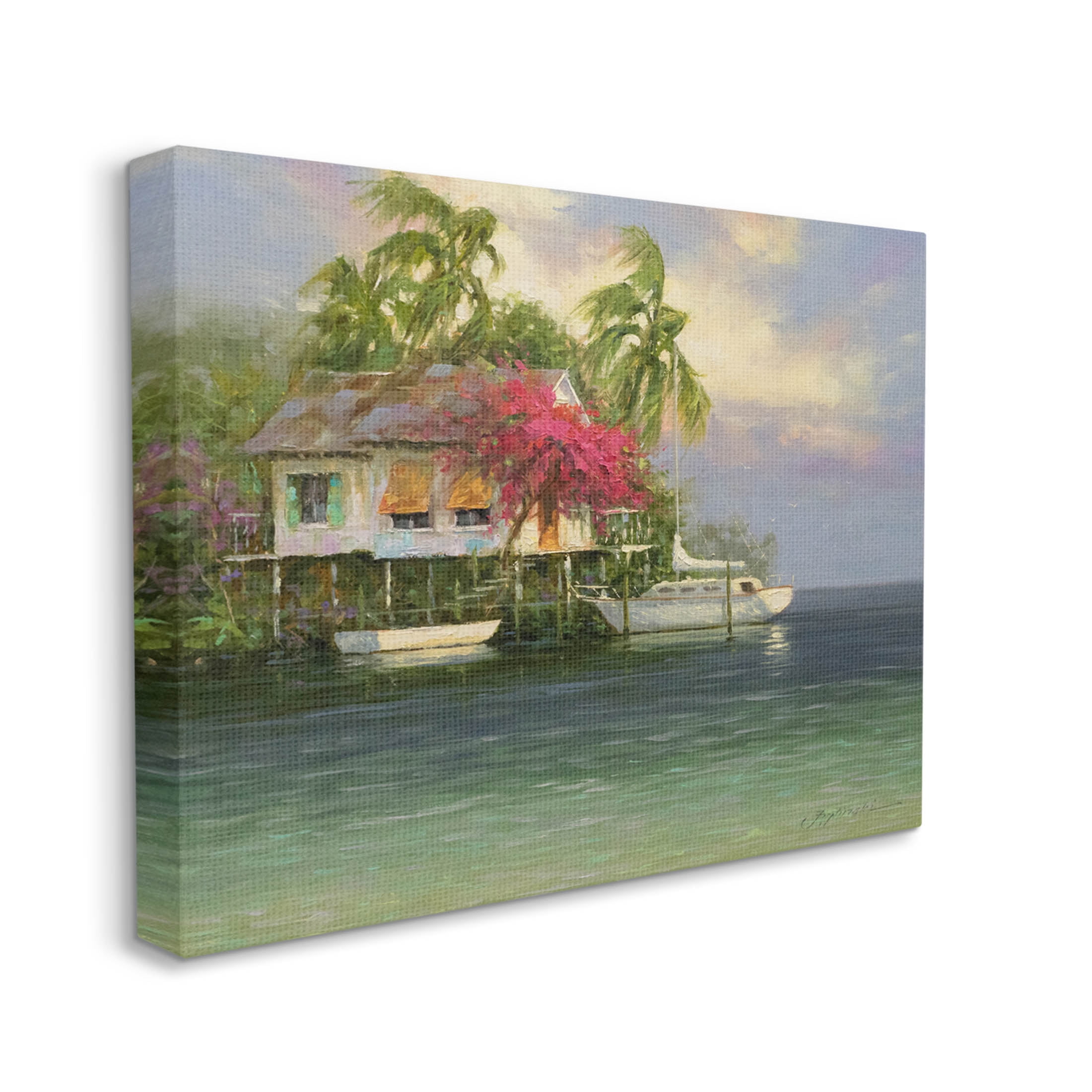 Summer Coastal Vacation Cottage Landscape Painting Gallery Wrapped Canvas Print Wall Art