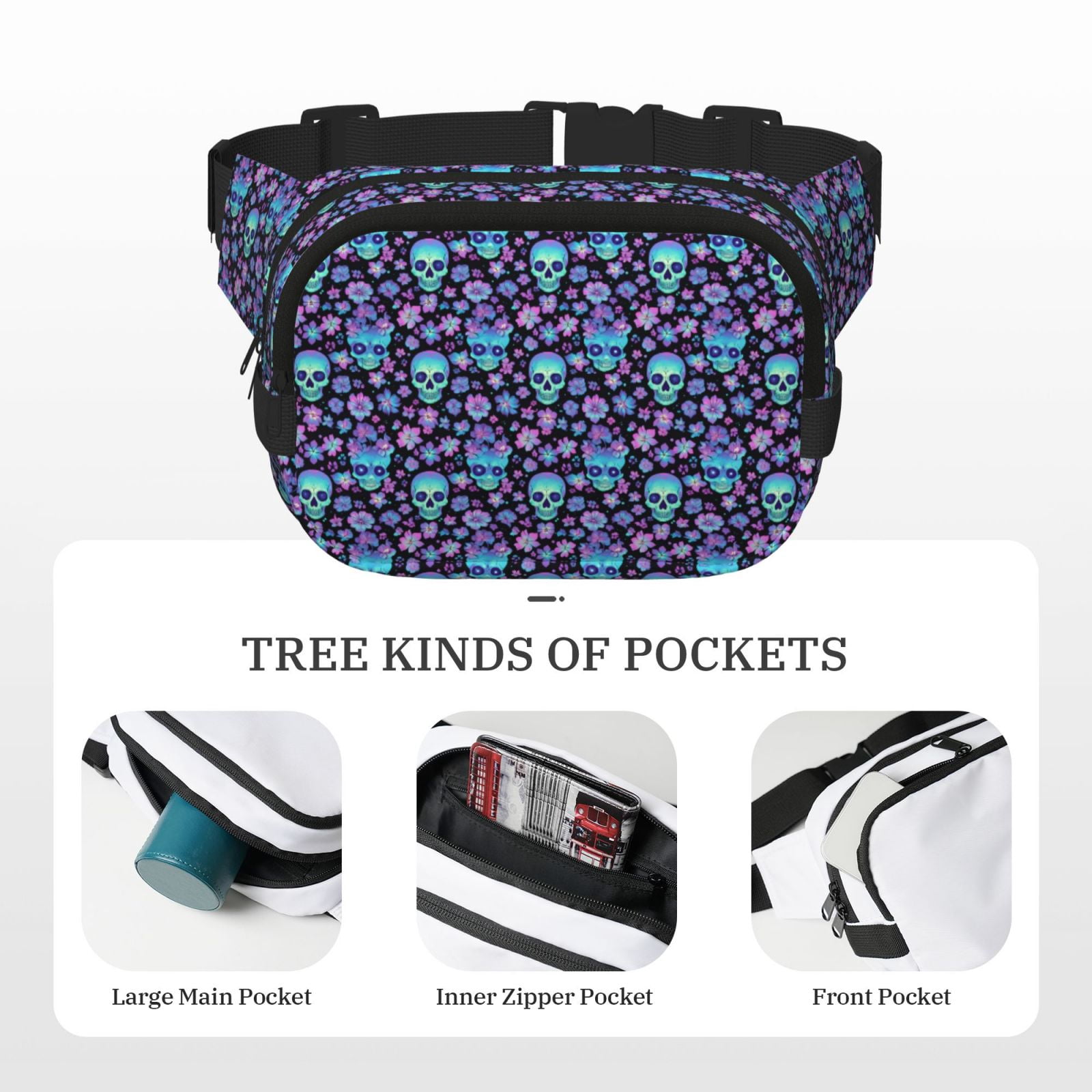 Picia Funny Skull Flower Print Square Double-Layer Waist Bag Mini Adjustable Waist Belt Bag Exercise Running Travel Hiking