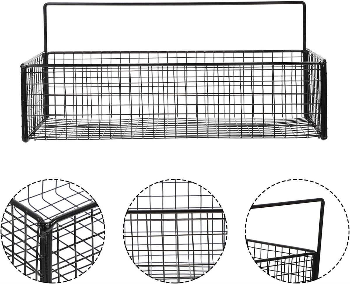Metal Wire Basket Wall Mount, GIXUSIL Bathroom Storage Basket, 1Pcs Adhesive Fruit Kitchens Hanging Living, Room Wire Baskets, Food Storage Bin for Kitchen (14" x 6" x 4 ", Black)