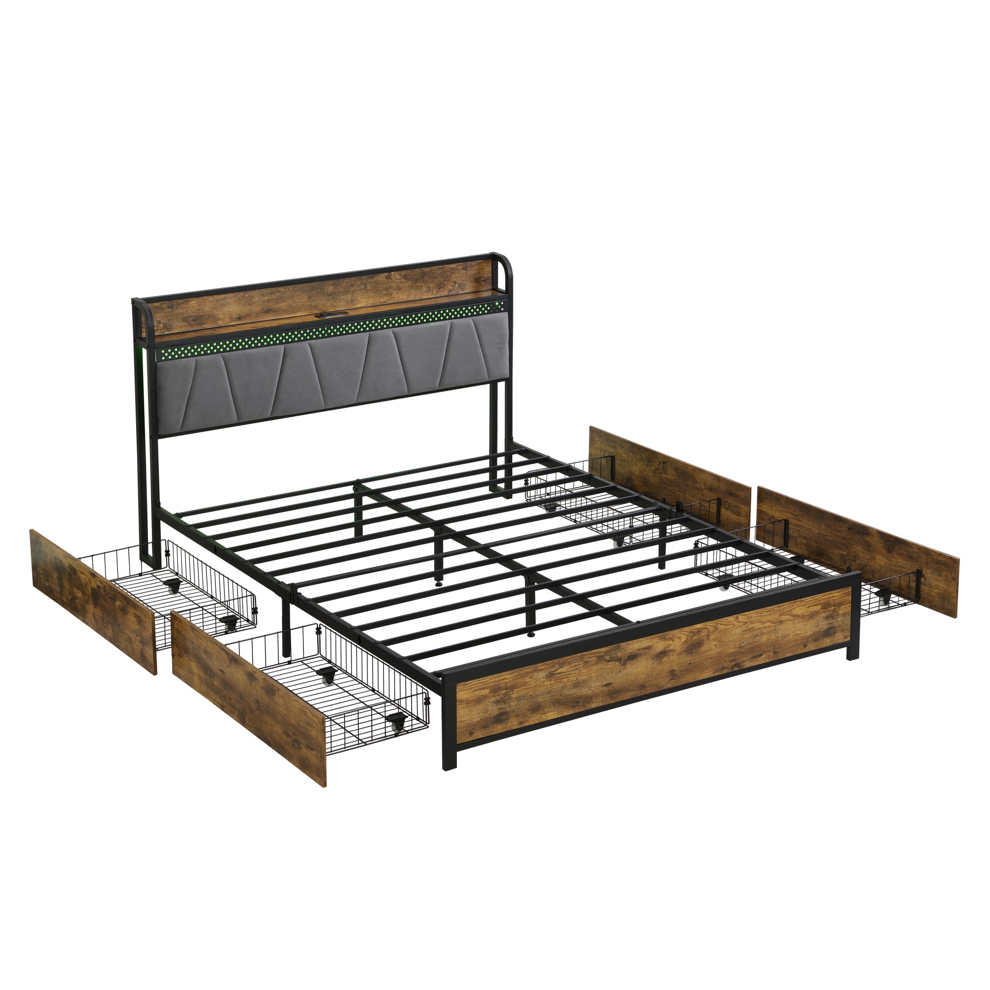 Gewnee King Size Bed Frame, Storage Upholstered Headboard with Charging Station and 4 Storage Drawers,LED Lights , Brown and and Gray