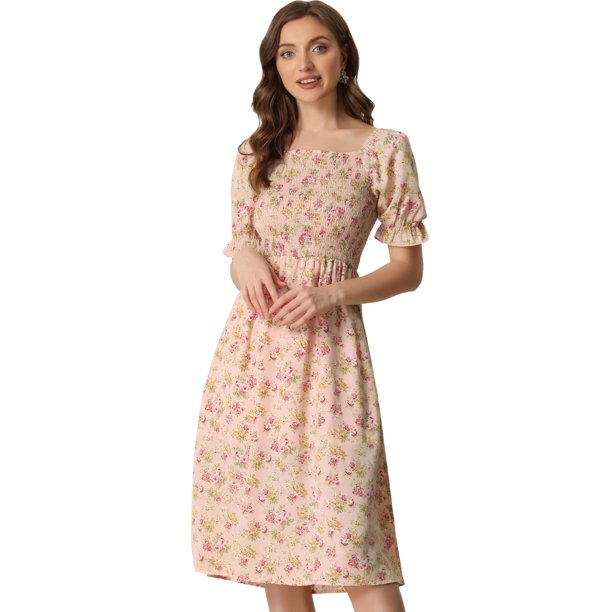 Vestido midi fruncido con volantes y manga corta de verano para mujer Allegra K Rosa S