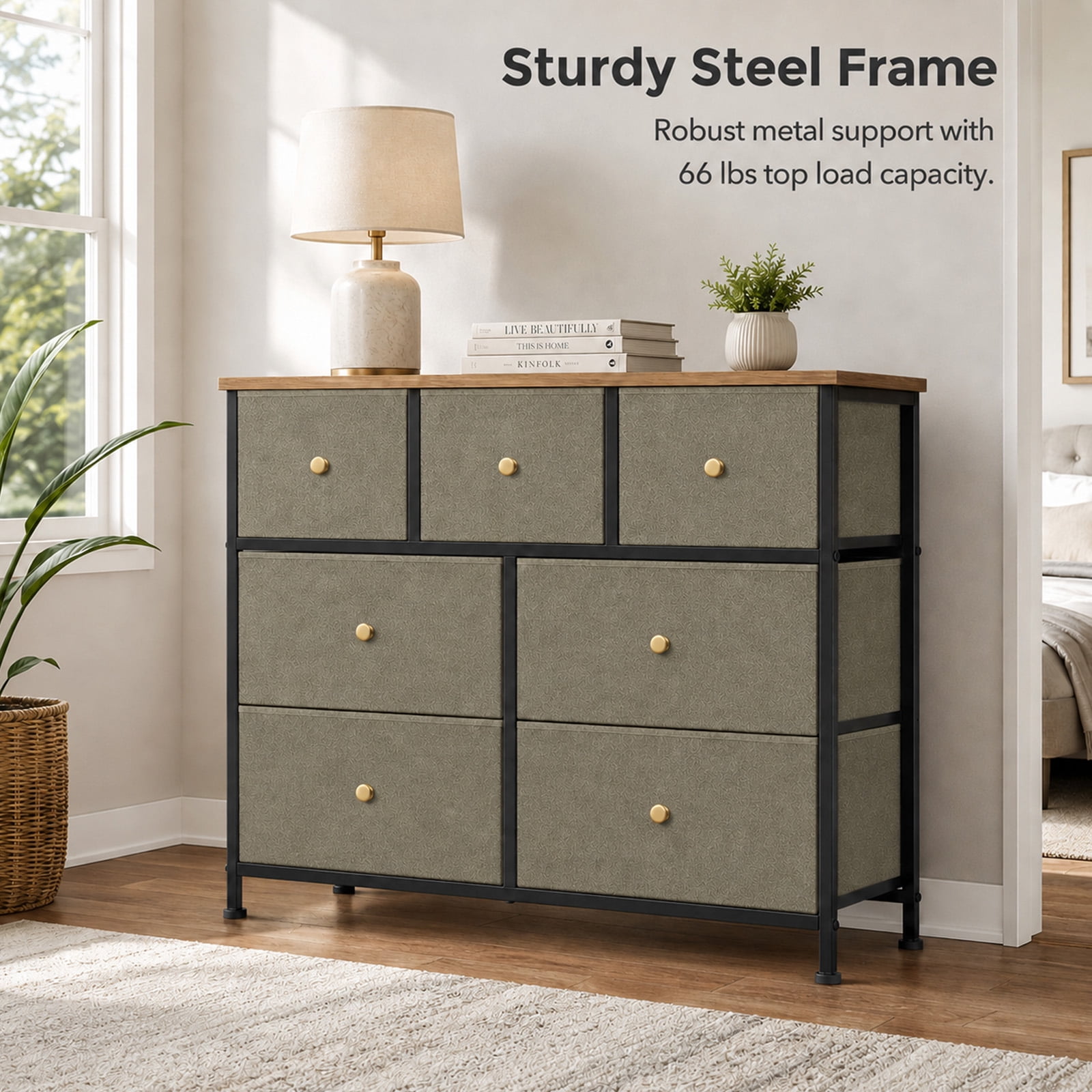 Alvantor 5/7 Drawer Fabric Dresser, Storage Tower for Bedroom and Closet, Chest of Drawers with Sturdy Steel Frame & Wooden Top for Living Room, Entryway