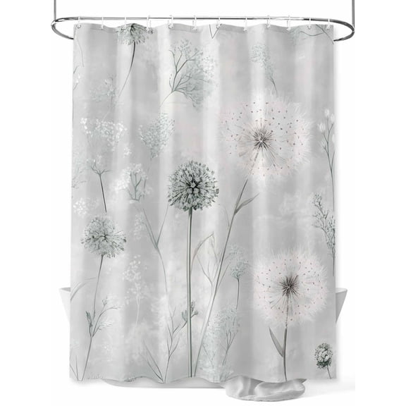 Fsddascl White Green Dandelion Shower Curtain Set - 54" x 78" Washable Bathtub Curtain with 12 Hooks, Grey Floral Leaves Waterproof Fabric Stall Shower Curtains for Bathroom/Bathtub Décor