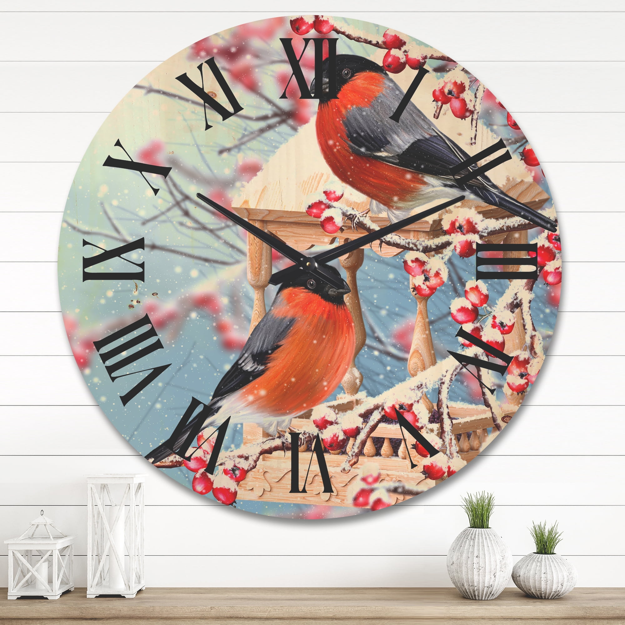 Designart 'Two Tits Sit On A Snow-Covered Berries Branch ' Traditional Wood Wall Clock