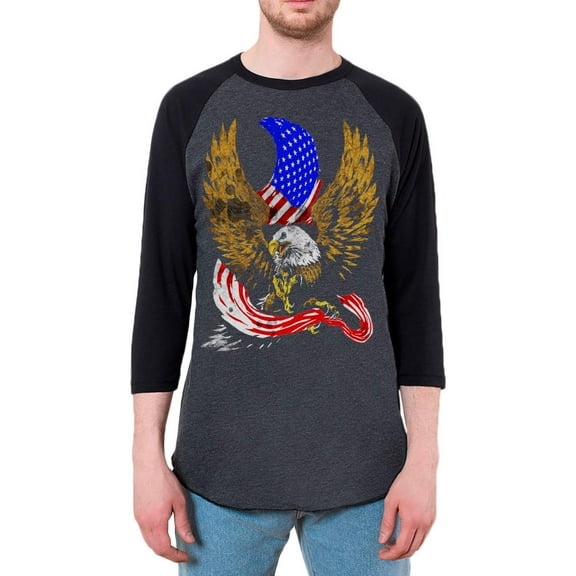 July 4th Screaming Bald Eagle of Freedom Adult Long Sleeve Raglan T-Shirt Heather Black-Black SM