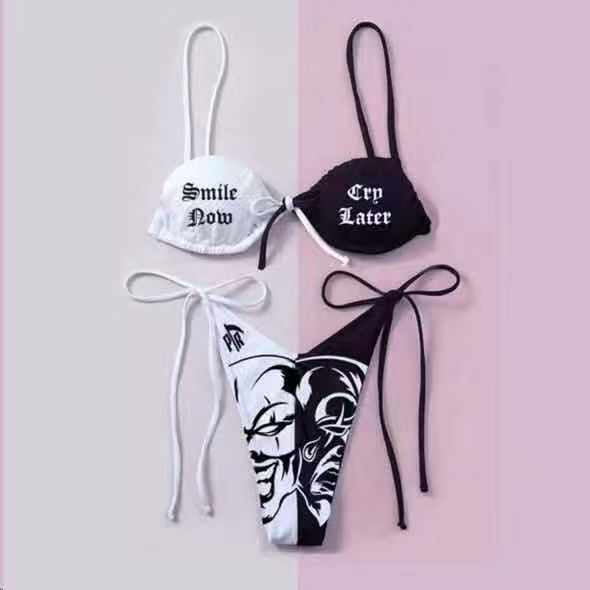 Faithtur Women's Two-Piece Bikini, Patchwork Color Tie-Up Letter Pattern Bra + Printing Panties Split Swimsuit