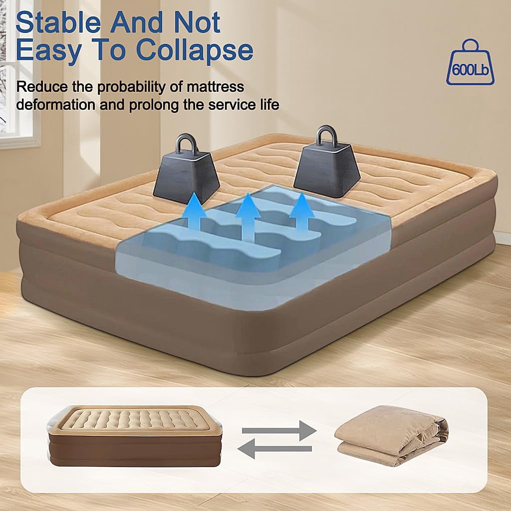 XunKA Air Mattress Queen with Built-in Pump and Headboard，Inflatable Portable Mattress for Home, Camping & Guests,Brown.