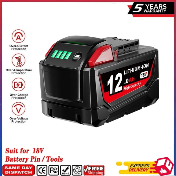 M18 12Ah Lithium-Ion Battery Replacement for Milwoke 18Volt Battery 48-11-1850 48-11-1860 48-11-1862 48-11-1865 48-11-1830, Compatible with Original All 18V Cordless Power Tools