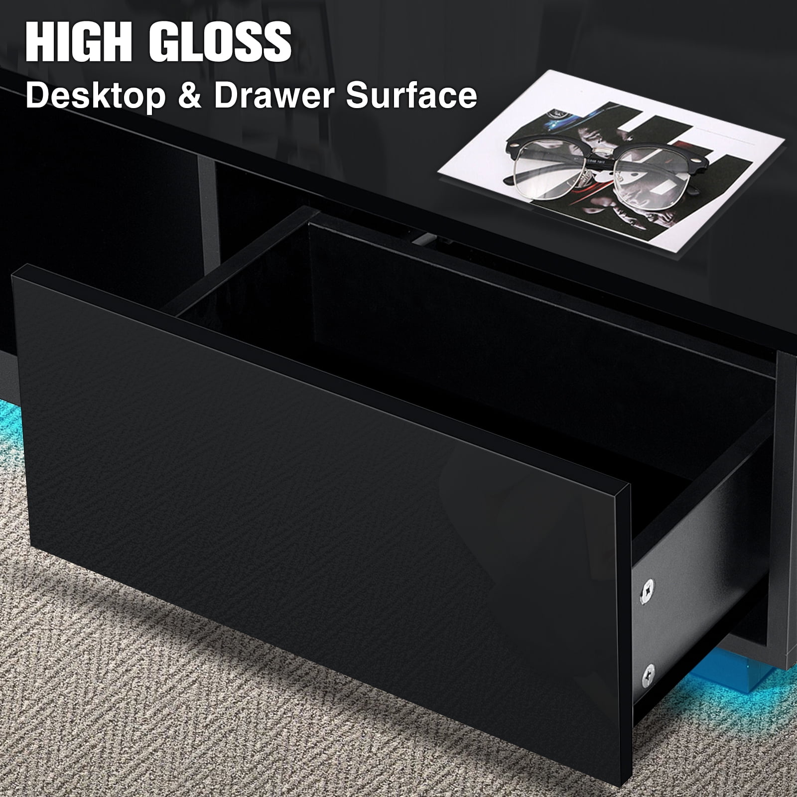 Hommpa LED Coffee Table Modern Side Tables High Gloss Black Cocktail Table with 2 Drawers Open Shelf for Living Room