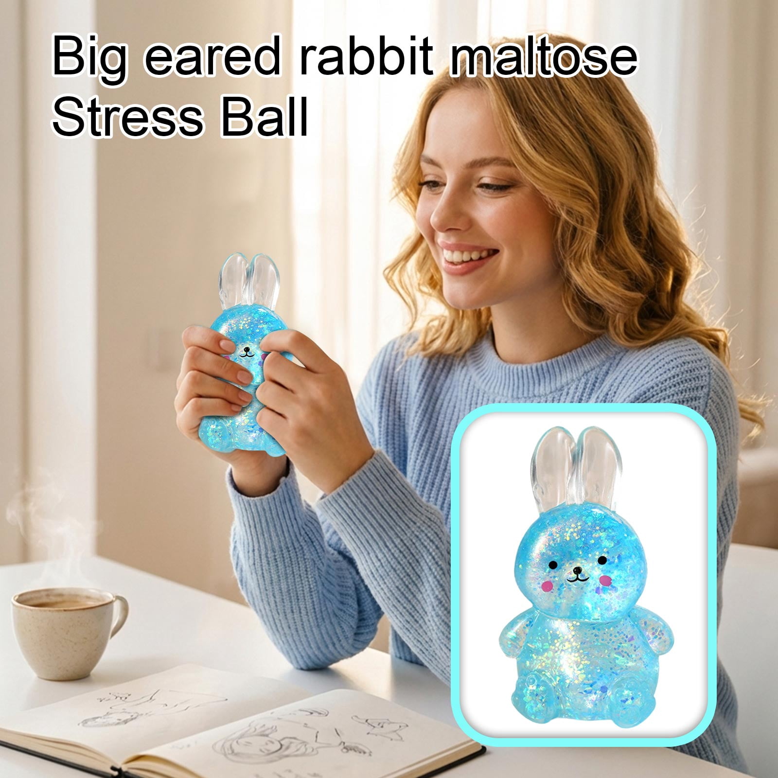 Big-Eared Bunny Squishy Stress Ball – Maltose Filled Slow Rising Squeeze for Hand Tension, Cute Desk Decor & Party Favors (Pink)