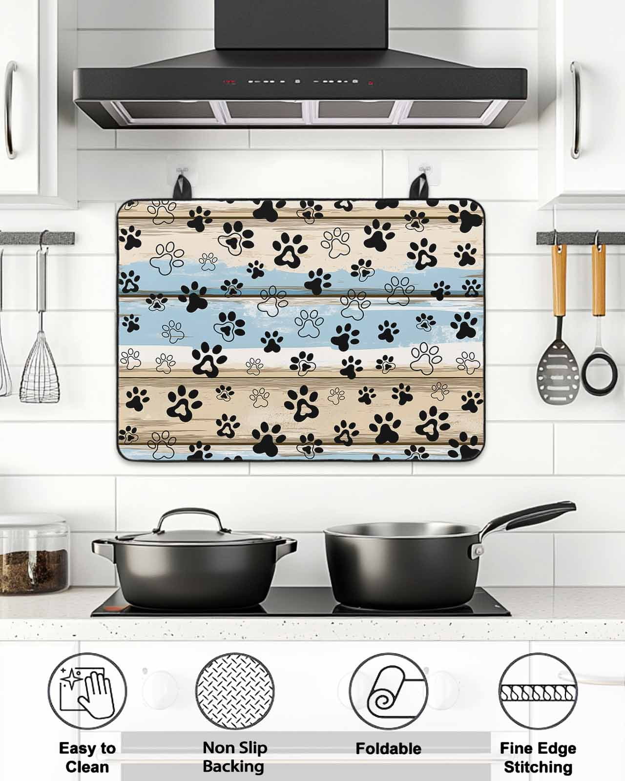 Stove Top Covers for Electric Stove, Blue Dog Paw Print Glass Stovetop Cover Protector, Vintage Farmhouse Rustic Wooden Grain Induction Cooktop Protector Oven Mat for Kitchen Countertop 24"x21"