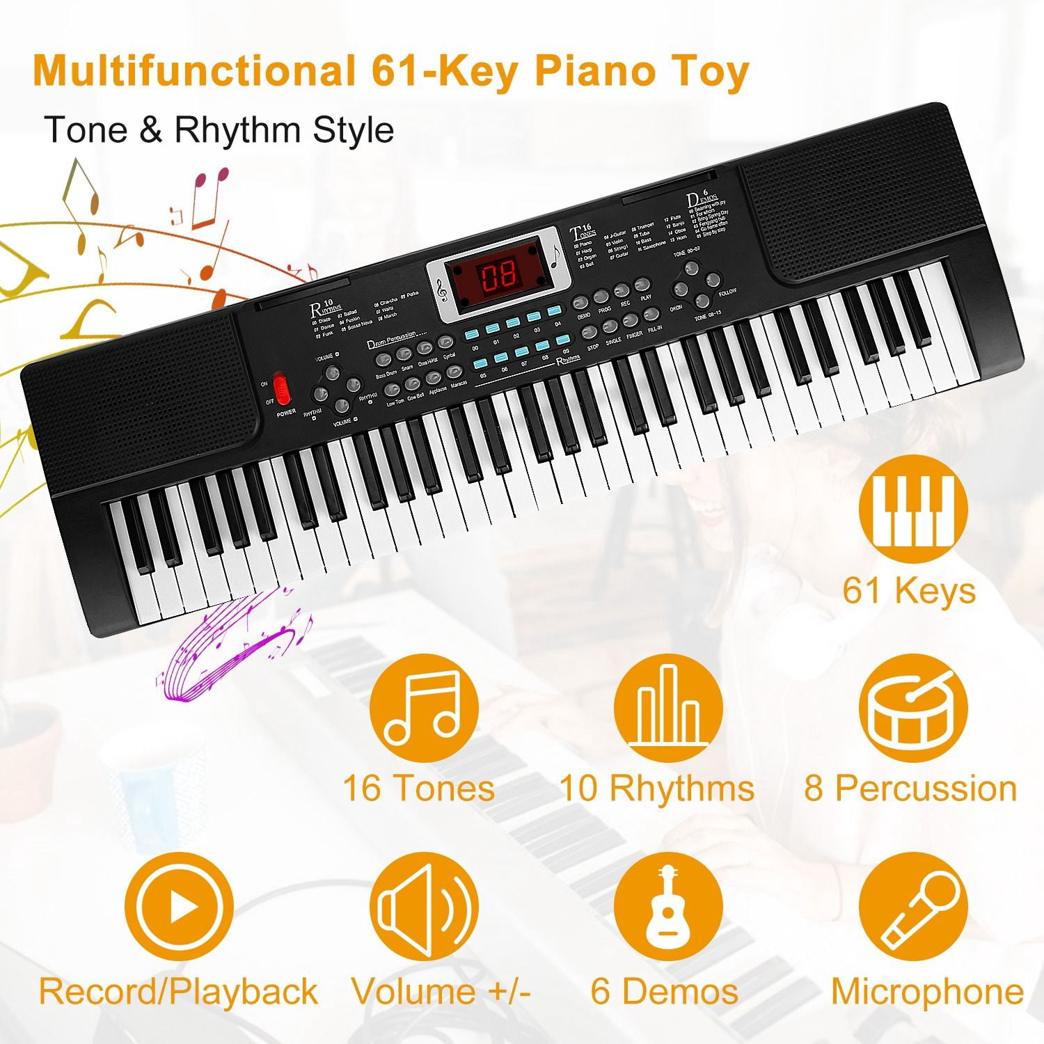 Multifunctional 61 Key Children's Piano Toy - Electronic Keyboard with 16 Tones, 8 Percussions, Volume Control & HD Display, Includes Stand Microphone for Early Music Education