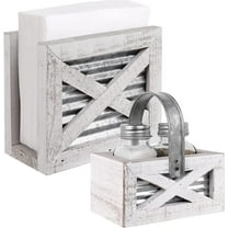 Autumn Alley Farmhouse Napkin Holder and Farmhouse Salt and Pepper Shakers Set with Wood Holder - 2 Piece Set, Galvanized Metal - Rustic Napkin Holder for Country Farmhouse Kitchen Décor (White)
