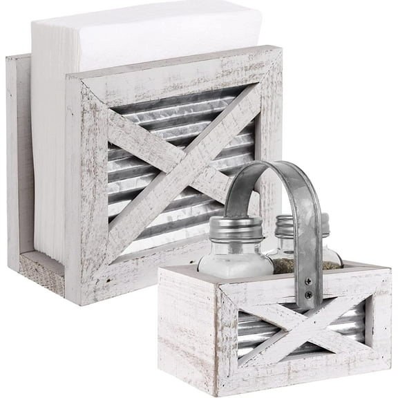 Autumn Alley Farmhouse Napkin Holder and Farmhouse Salt and Pepper Shakers Set with Wood Holder - 2 Piece Set, Galvanized Metal - Rustic Napkin Holder for Country Farmhouse Kitchen Décor (White)