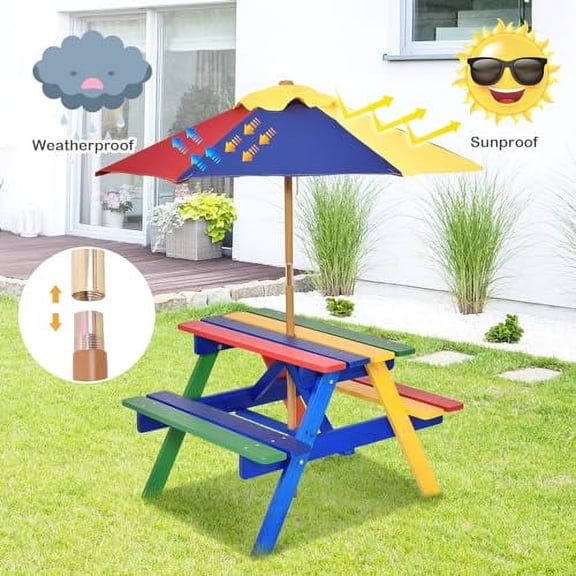DORTALA - Picnic Table, Wooden Outdoor Toddler Table and Bench Set with Removable Umbrella, Children Activity Table Set for Patio, Garden, Backyard, Girls & Boys Gift, Colorful