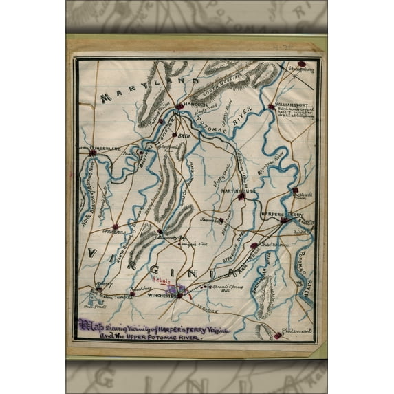 24"x36" Gallery Poster, Map Harpers Ferry Virginia Potomac River 1865