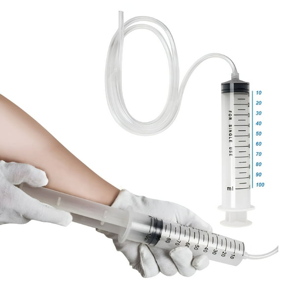 XIRQI Large 100ml Plastic Syringe with Tubing, Industrial Syringes 80cm (31.5in) Handy Long Hose Fluid Suction Injector for Scientific Labs Injecting, Feeding Pets, Drawing Oil, Fluid