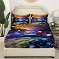 thumbnail image 3 of Galaxy Bed Sheets Set King Outer Space Room Decor Fitted Sheet Blue Planet Earth Print Sheet Set Teens Universe Themed Flat Sheet Solar System Space Theme Bedding Set, 3 of 4