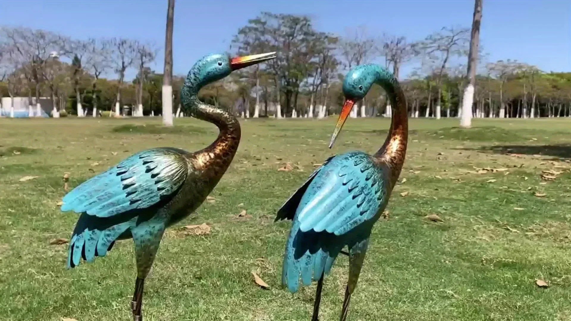 House of Avana Blue Gold Metal Crane Garden Sculpture Elegant Outdoor Decor