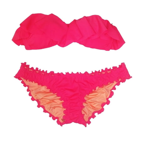 Victoria's Secret 2PC Swimsuit Bikini Set Ruffle Top Cheeky Neon Pink