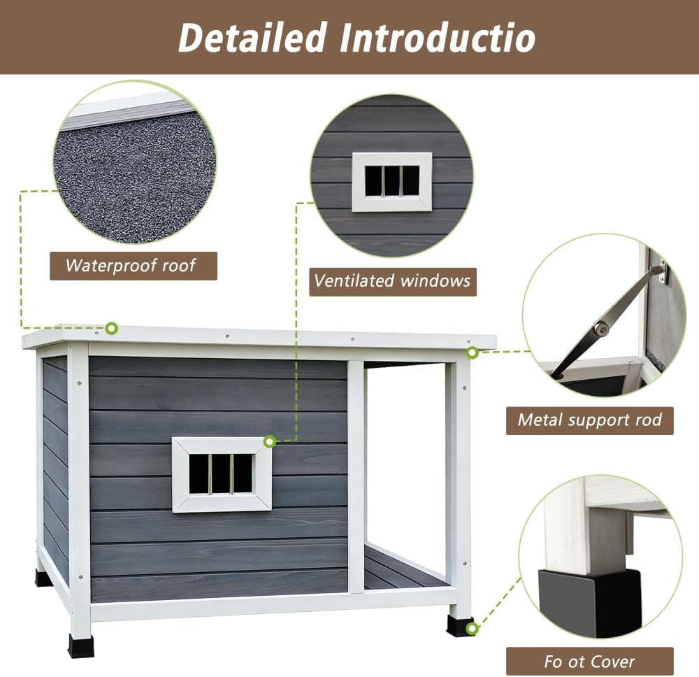 imerelez 33.5 inch Outdoor Gray Cat House with Waterproof Roof, Ventilated Windows, and Sturdy Metal Support – Spacious & Stylish Pet Shelter for Cats