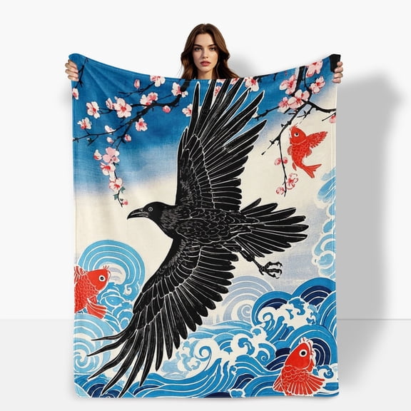 Raven Wave Cherry Blossom Blue Pattern Flannel Blanket Soft Warm Comfortable For Sofa Bed Travel Camping Living Room Office Chair Polyester Fiber Gift For Family Or Friends