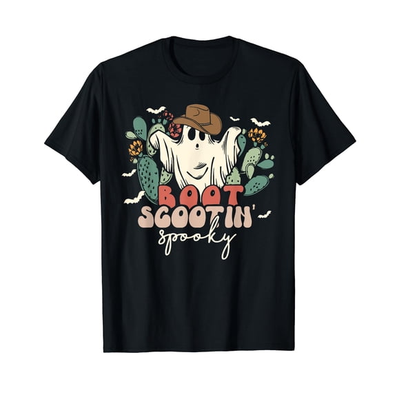 Retro Western Halloween Cowboy Ghost Boot Scootin Spooky T-Shirt Black Tee