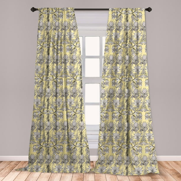 Grey and Yellow Curtains 2 Panels Set, Bohem Design with Flowers Leaves