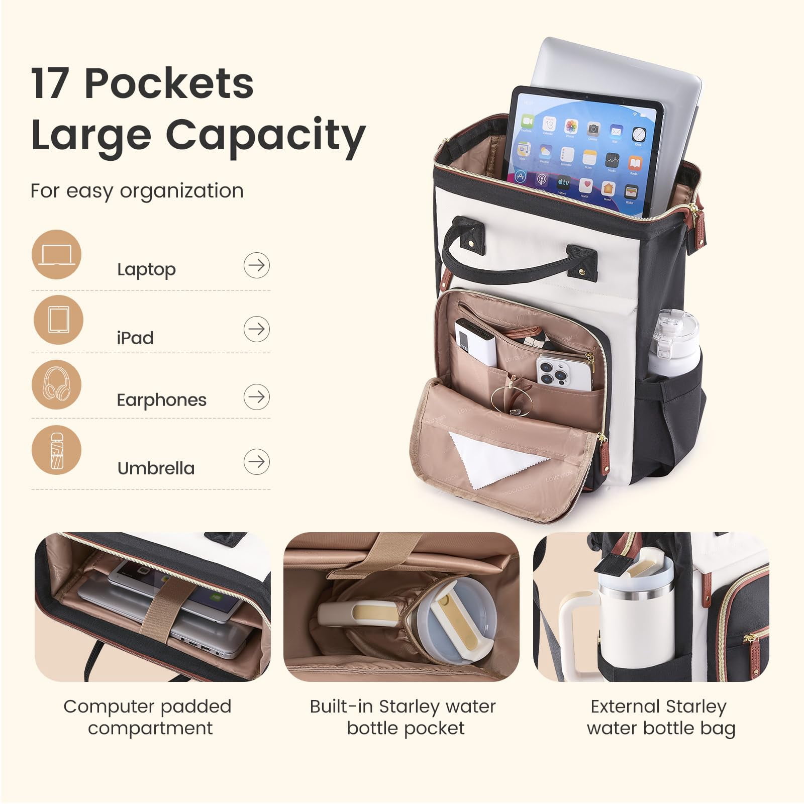 LOVEVOOK Laptop Backpack for Women Work Bag with Large Capacity Cup Side Pocket, 15.6 Inch Waterproof Computer Backpacks Purse, College Bookbag for School, Business, Teacher, Travel