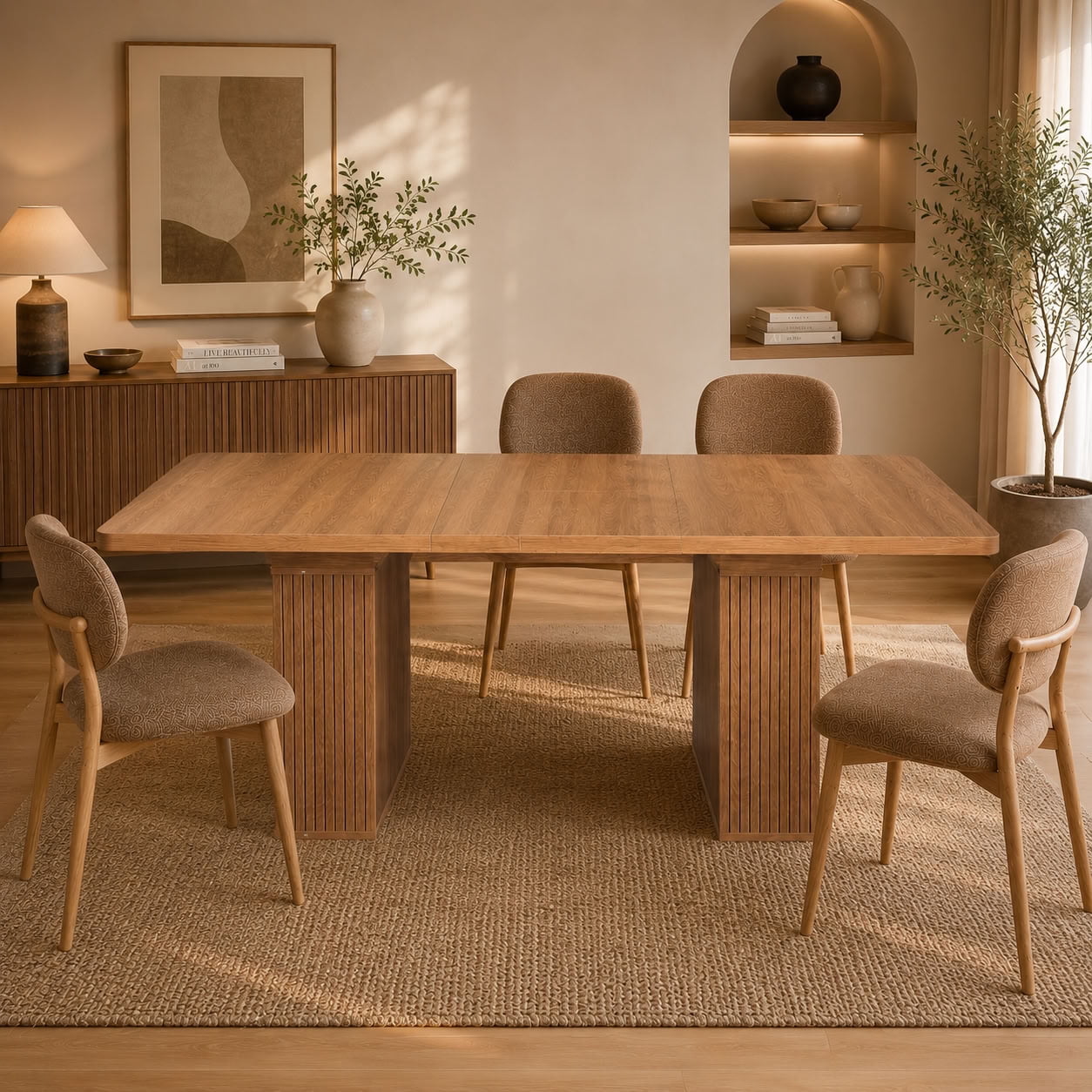 MAYEERTY Extendable Rectangular Dining Table for 6-10, Modern Expandable Kitchen Table with Built-in Storage Cabinet & Hidden Extension Leaf, for Dining Room, Apartment, Kitchen