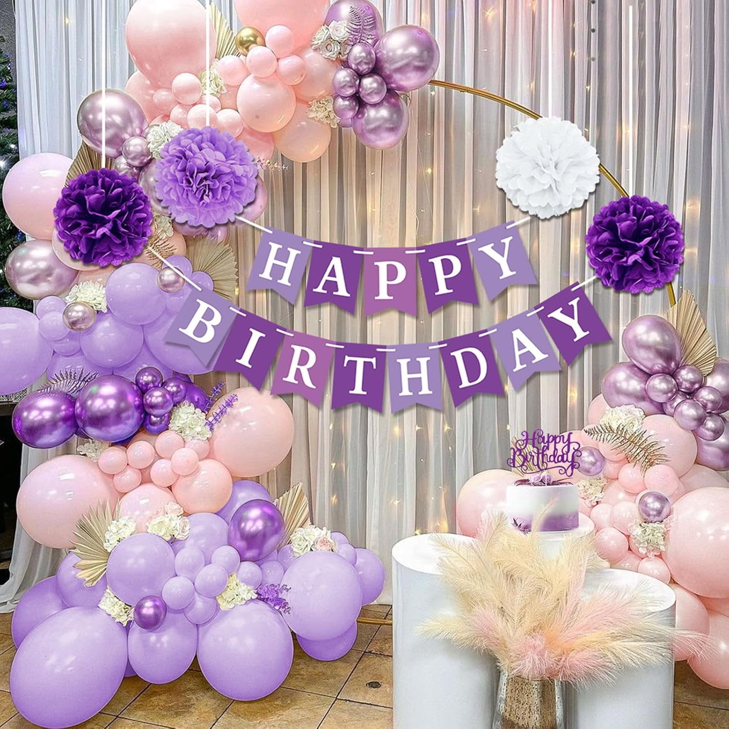 Purple Birthday Party Decorations with Latex Balloons Happy Birthday Banner Bday Sash and Crown Tablecloth Fringe Curtain Paper Pom Poms for Women Girls Bday Decor