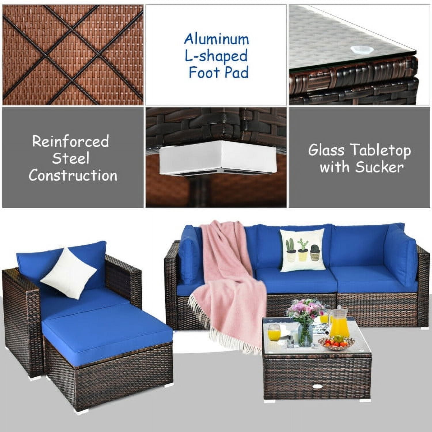 Aimee Lii 6 Pcs Patio Rattan Furniture Set with Sectional Cushion, Outdoor Deck Furniture, Blue Aimee Lii 6 Pcs Patio Rattan Furniture Set with Sectional Cushion, Outdoor Deck Furniture, Blue