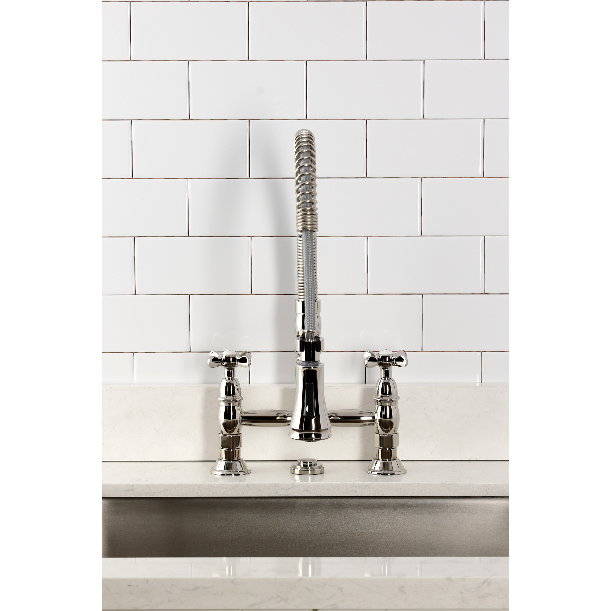 Kingston Brass GS1276BEX Essex Double-Handle 2-Hole Deck-Mount Pre-Rinse Bridge Kitchen Faucet in Polished Nickel