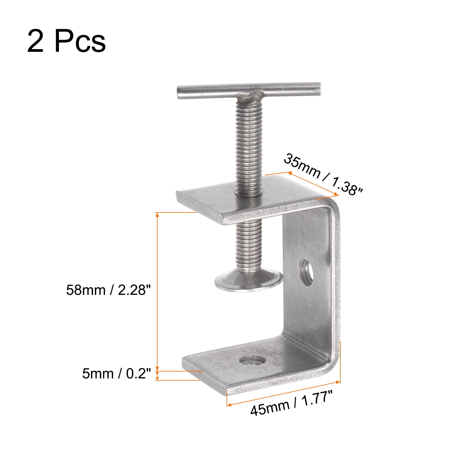 Uxcell Stainless Steel C-Clamp 2.28 Inch Wide Jaw Opening 0-54mm Range with T-Bar Handle for Woodworking Welding Building 2Pcs