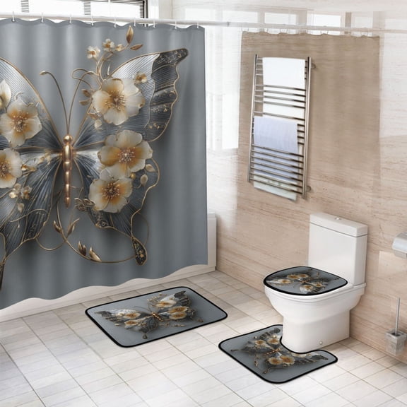 4-Piece Bathroom Set with Waterproof Shower Curtain with Non-Slip Bath Mat, U-Shaped Mat & Toilet Lid Cover Silver and Black Butterfly
